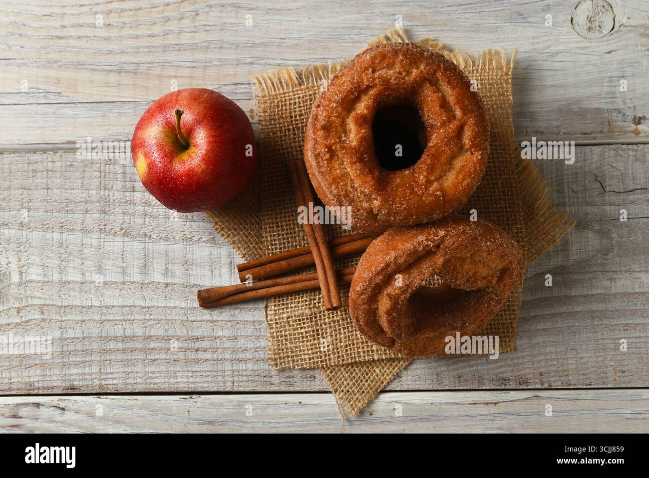 Ciambelle al sidro di mele. Foto ad alto angolo di ciambelle fresche su un rustico tavolo da cucina bianco con bastoncini di mela e cannella. Foto Stock
