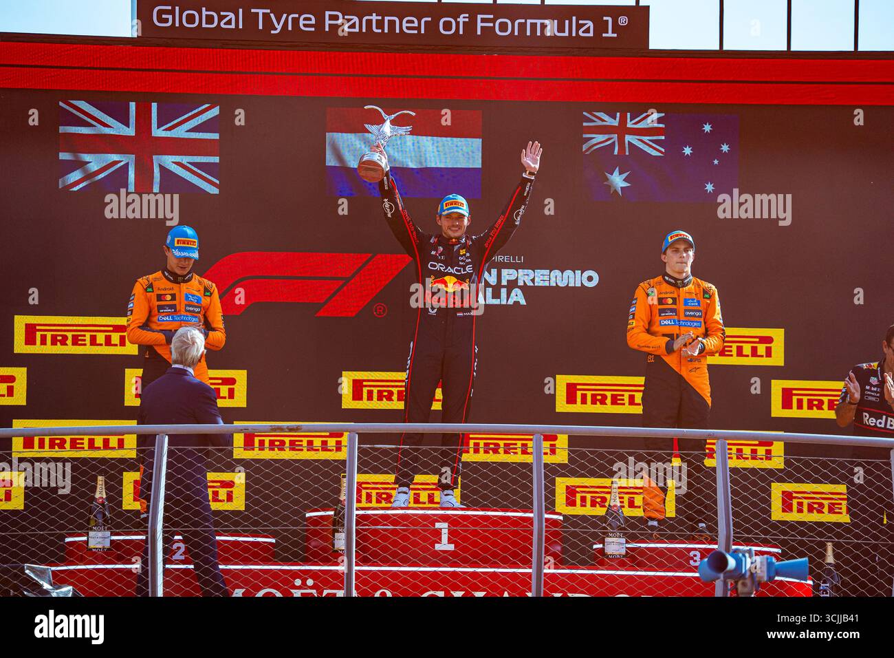 Monza, Italia. 7 settembre 2025. Podio della gara durante la Formula 1 Pirelli Gran Premio d'Italia 2025 sul circuito di Monza, Lombardia, Italia, dal 6 al 9 settembre 2025. 16° round del Campionato del mondo di Formula 1 FIA 2025. Crediti: Alessio De Marco | Avens-Images.com/Alamy Live News Foto Stock