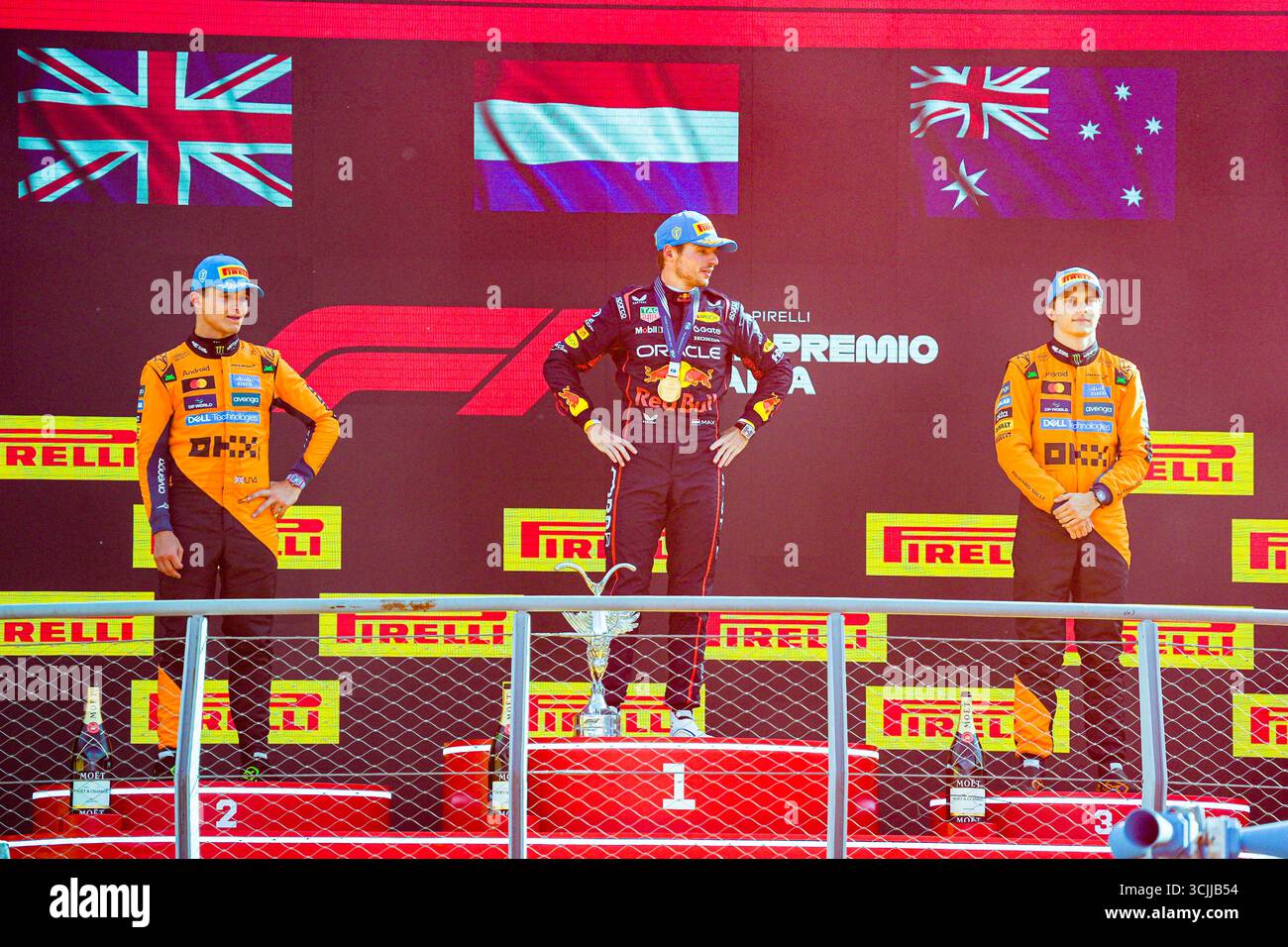 Monza, Italia. 7 settembre 2025. Podio della gara durante la Formula 1 Pirelli Gran Premio d'Italia 2025 sul circuito di Monza, Lombardia, Italia, dal 6 al 9 settembre 2025. 16° round del Campionato del mondo di Formula 1 FIA 2025. Crediti: Alessio De Marco | Avens-Images.com/Alamy Live News Foto Stock
