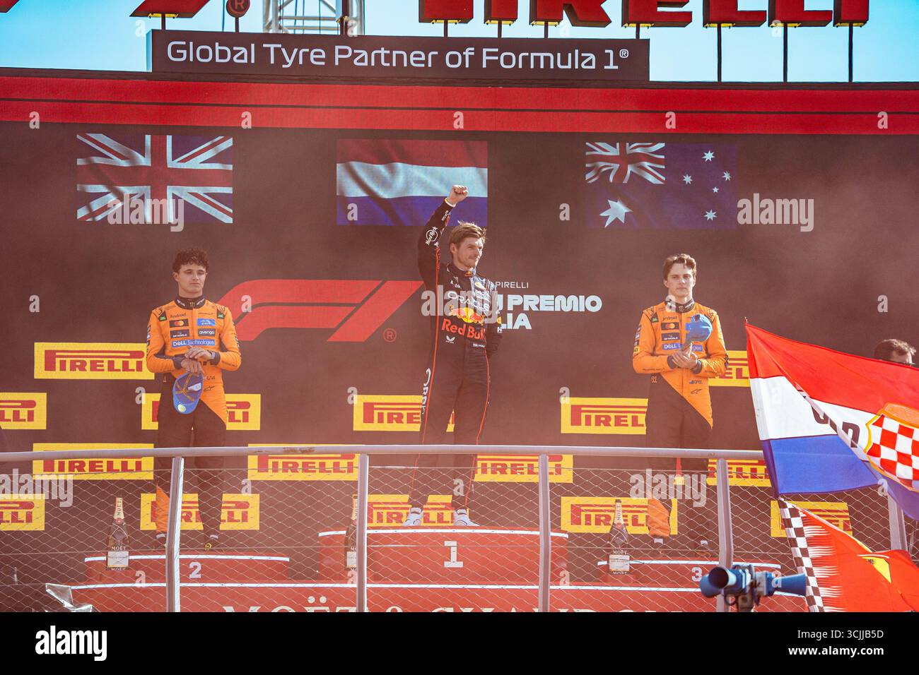 Monza, Italia. 7 settembre 2025. Podio della gara durante la Formula 1 Pirelli Gran Premio d'Italia 2025 sul circuito di Monza, Lombardia, Italia, dal 6 al 9 settembre 2025. 16° round del Campionato del mondo di Formula 1 FIA 2025. Crediti: Alessio De Marco | Avens-Images.com/Alamy Live News Foto Stock