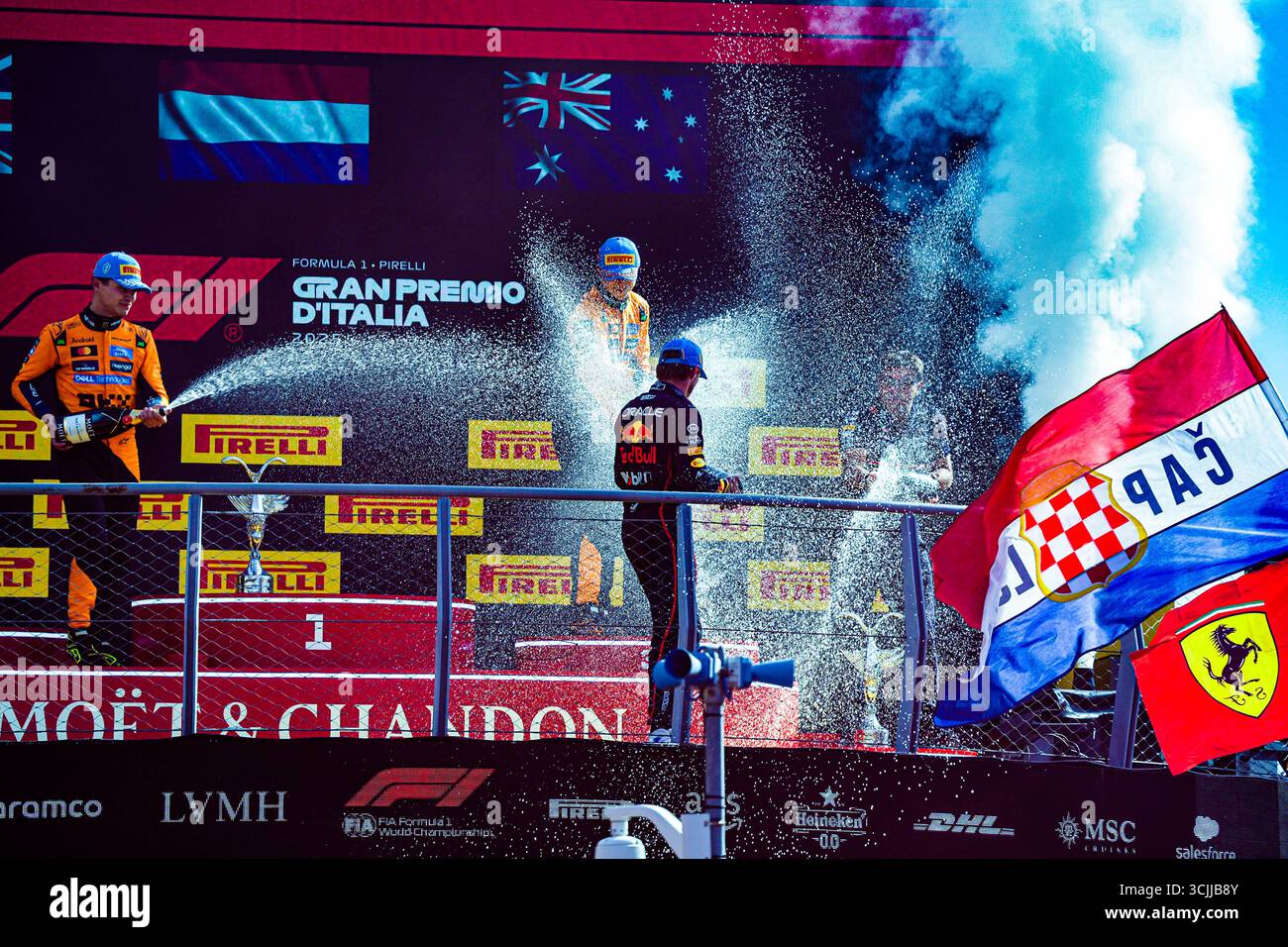 Monza, Italia. 7 settembre 2025. Podio della gara durante la Formula 1 Pirelli Gran Premio d'Italia 2025 sul circuito di Monza, Lombardia, Italia, dal 6 al 9 settembre 2025. 16° round del Campionato del mondo di Formula 1 FIA 2025. Crediti: Alessio De Marco | Avens-Images.com/Alamy Live News Foto Stock