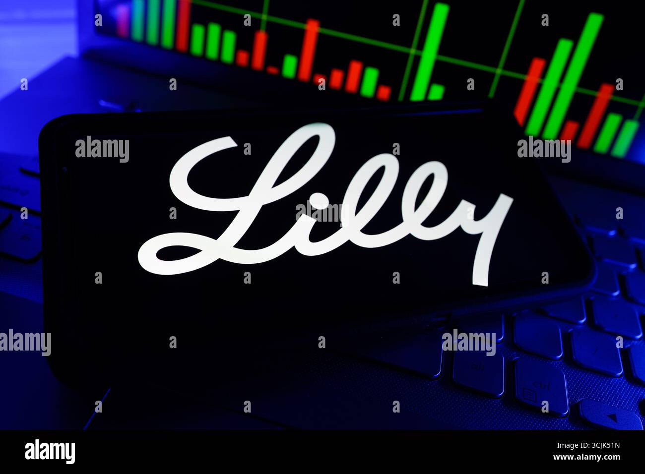 Logo del marchio Eli Lilly Company sullo schermo con grafico grafico delle prestazioni finanziarie in magazzino sullo sfondo Foto Stock