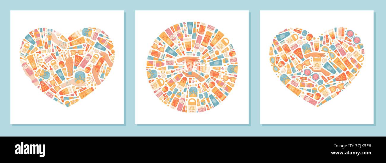 Crema solare piatta con design a forma di cuore circolare Illustrazione Vettoriale