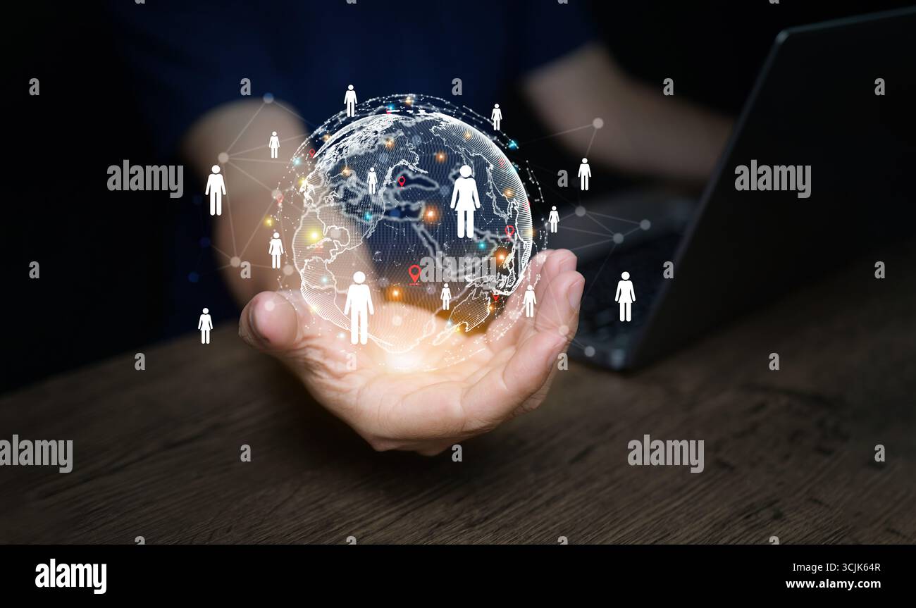 Globo digitale a portata di mano con le icone della rete aziendale che rappresentano il mercato globale, il commercio internazionale, la comunicazione aziendale e la tecnologia futura inno Foto Stock