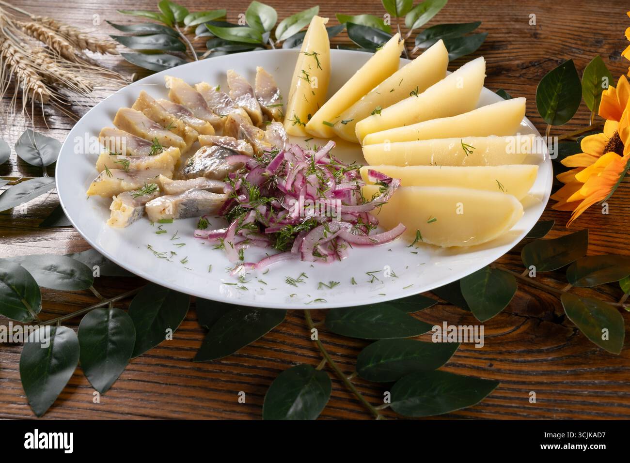 Una foto che mostra un piatto tradizionale ucraino di pesce aringa servito con patate, mostrando una presentazione abbondante e saporita su un piatto rustico. Foto Stock
