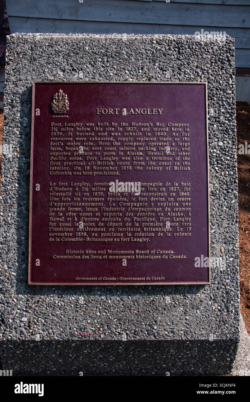 Targa di storia presso il sito storico nazionale di Fort Langley a Langley, British Columbia, Canada Foto Stock