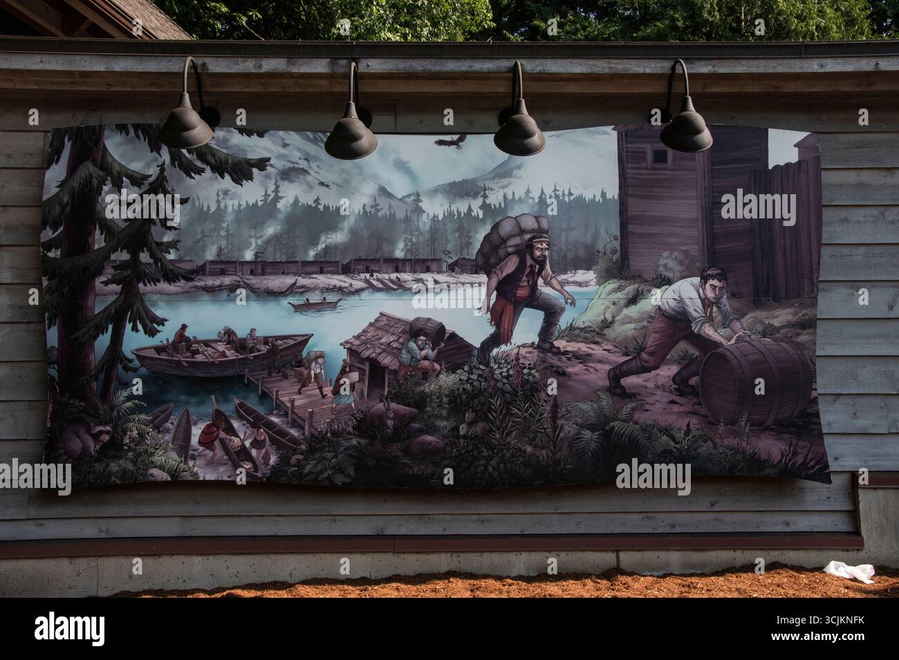 Murale di storia del commercio al Fort Langley National Historic Site di Langley, British Columbia, Canada Foto Stock