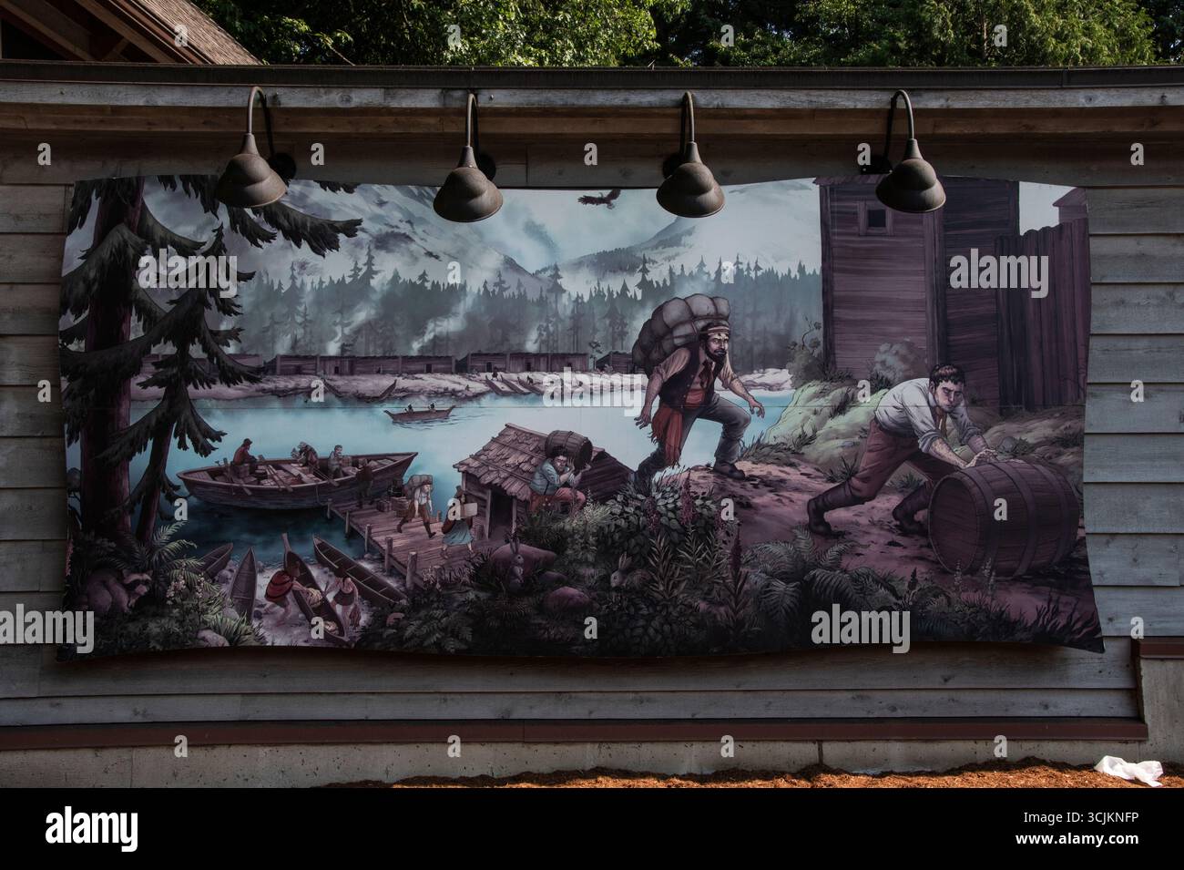 Murale di storia del commercio al Fort Langley National Historic Site di Langley, British Columbia, Canada Foto Stock