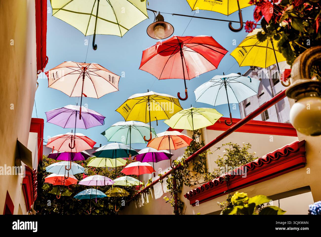 Buenos Aires, Argentina - 21 dicembre 2022: I vibranti ombrelli sospesi sopra uno stretto vicolo pedonale creano un'installazione colorata a baldacchino Foto Stock