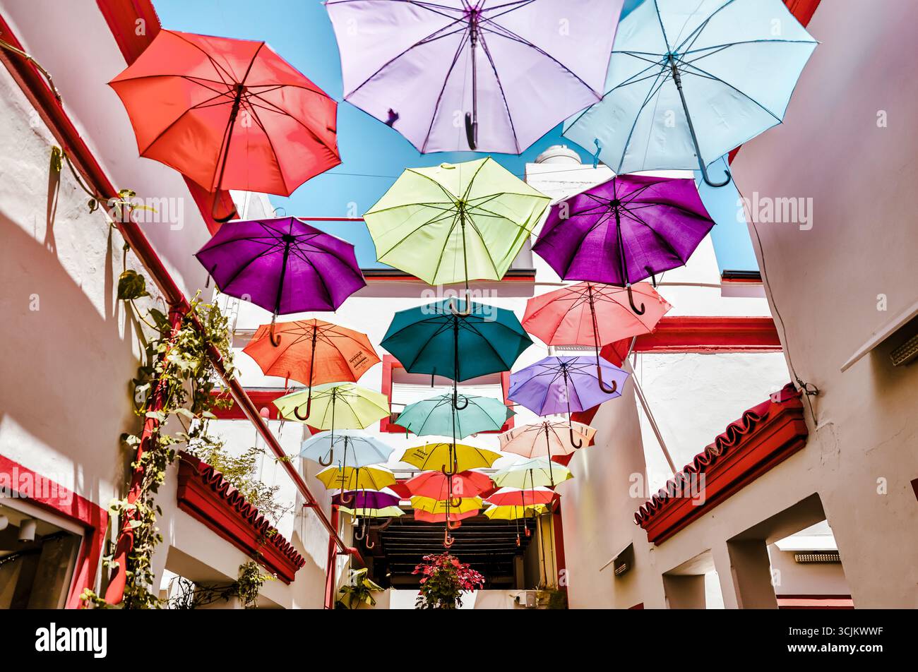 Buenos Aires, Argentina - 21 dicembre 2022: I vibranti ombrelli sospesi sopra uno stretto vicolo pedonale creano un'installazione colorata a baldacchino Foto Stock