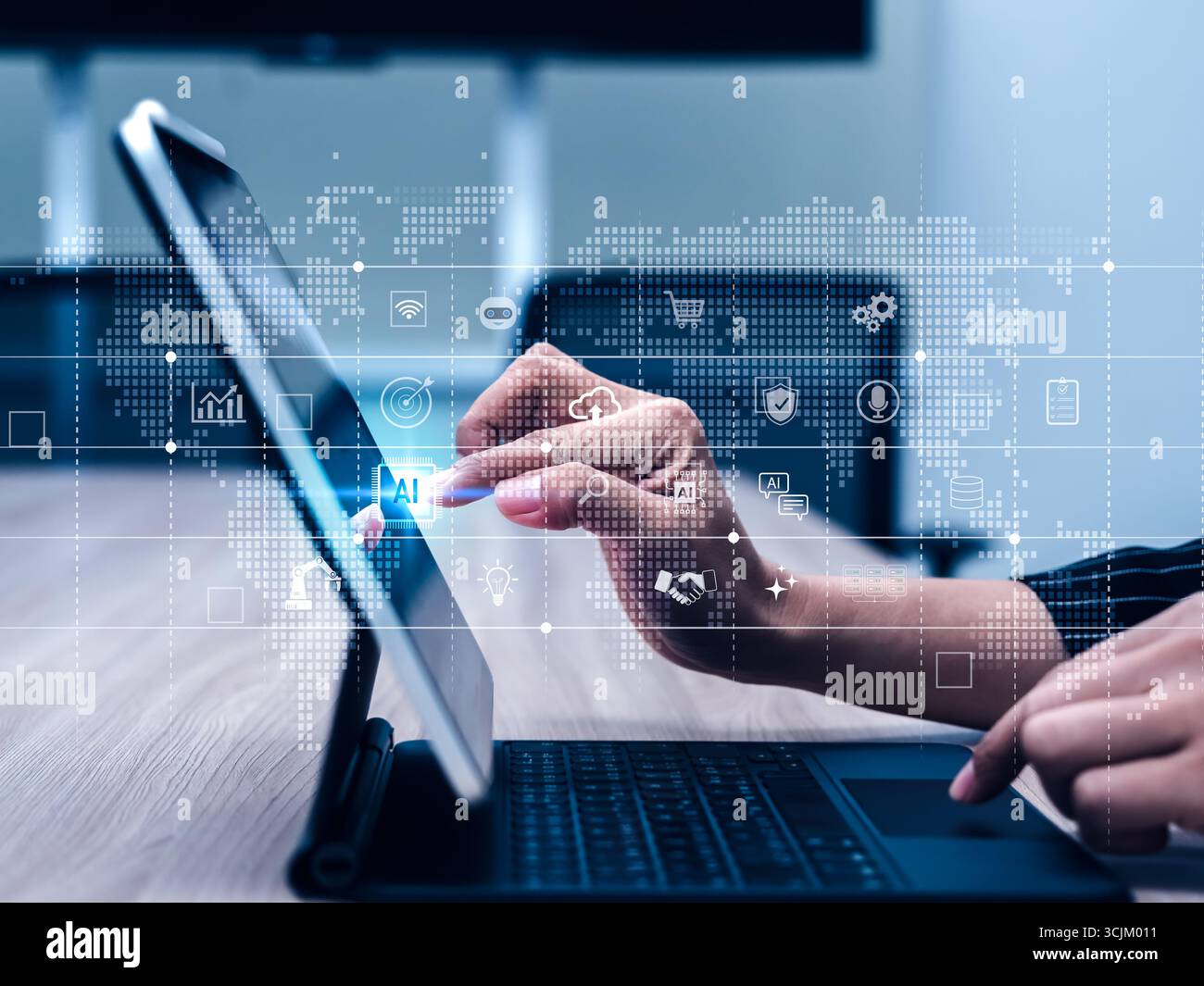 Mano aziendale che tocca l'icona dell'intelligenza artificiale sullo schermo di un tablet digitale, tecnologia di intelligenza artificiale per automazione intelligente, analisi dei dati, trasformazione digitale Foto Stock