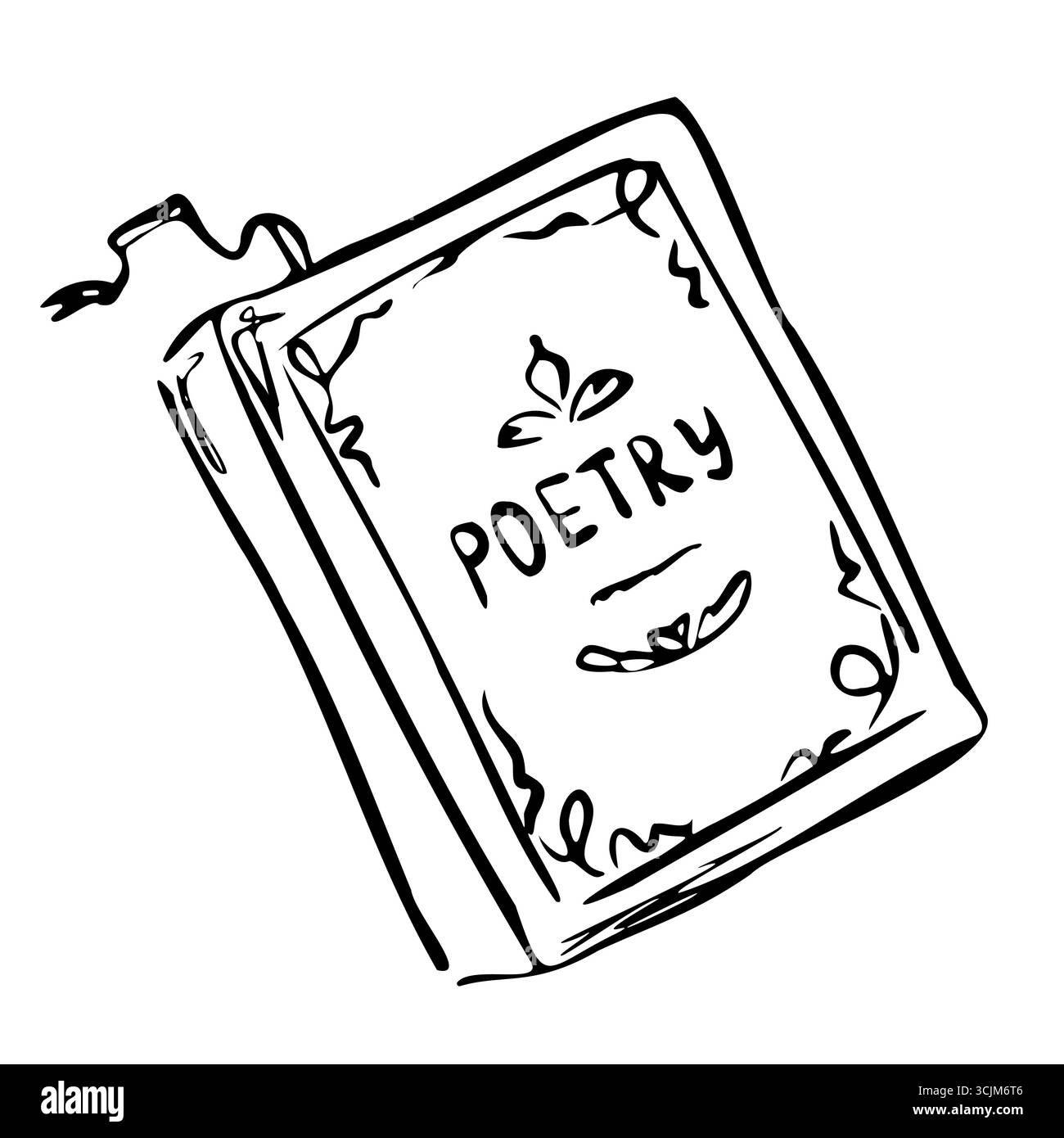 Libro antico con titolo poetico in copertina. Illustrazione vettoriale nello stile grafico della linea di schizzo rapido. Amante dei libri. Perfetto per progetti letterari, romantici Illustrazione Vettoriale