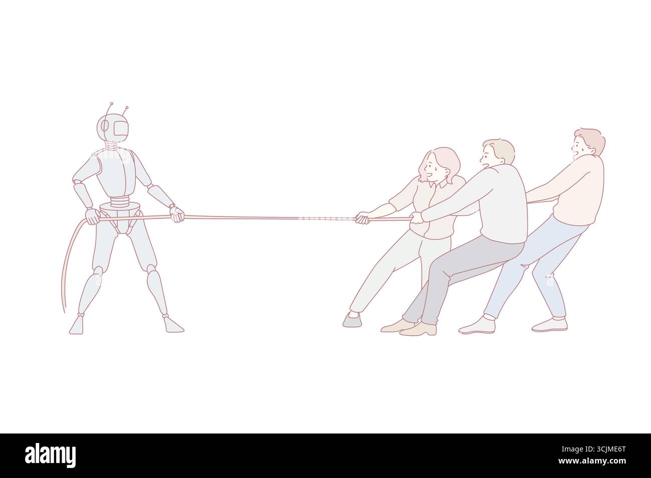 Lavoratori umani che tirano la corda contro il lavoratore robotizzato. Illustrazione vettoriale del concetto di lotta tra la tecnologia dell'intelligenza artificiale e le persone d'affari. Illustrazione Vettoriale