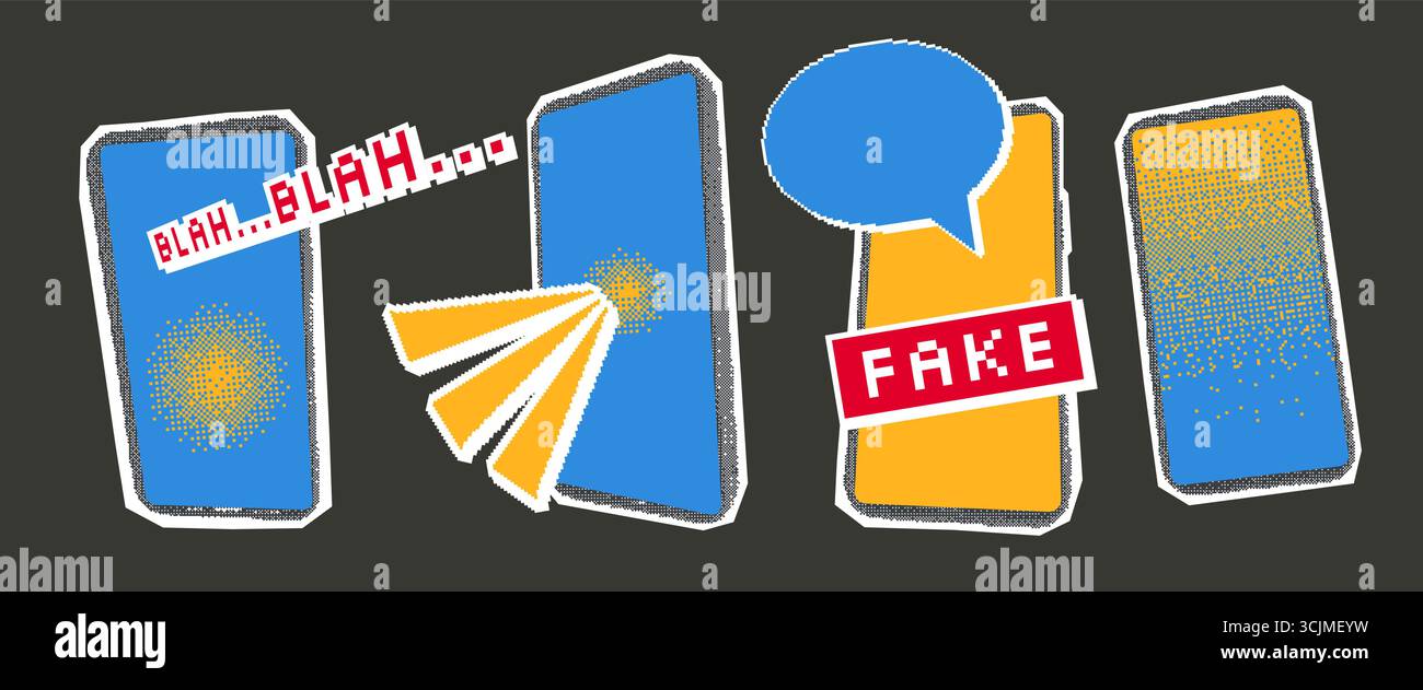 Elementi mezzitoni dei telefoni di notizie false. Smartphone collage con pixel art, bolla vocale e testi. Collezione di icone retrò. Adesivi vettoriali isolati su da Illustrazione Vettoriale