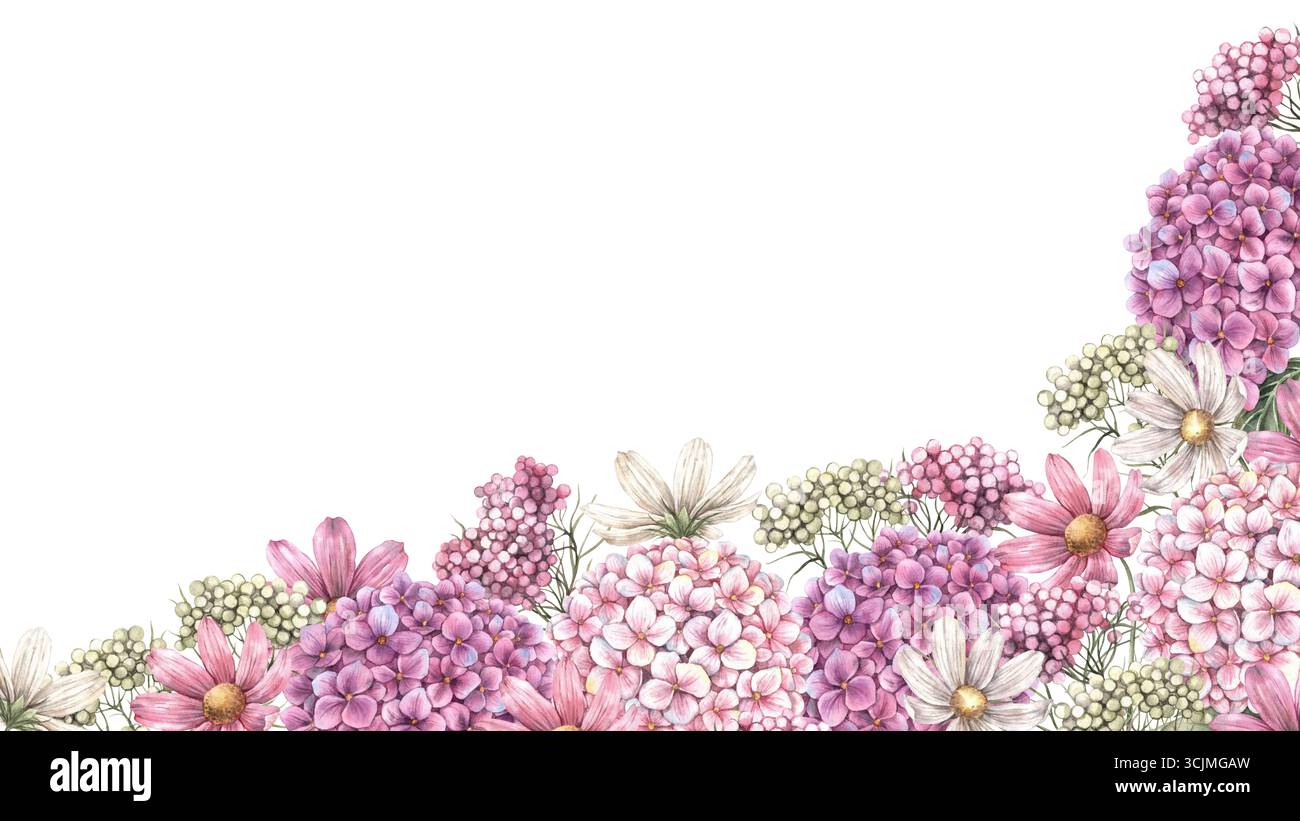 Composizione floreale di ortensie, cosmo, piccoli fiori ed erbe. Illustrazione botanica di dimensioni verticali, adatta per biglietti d'auguri, matrimoni Foto Stock
