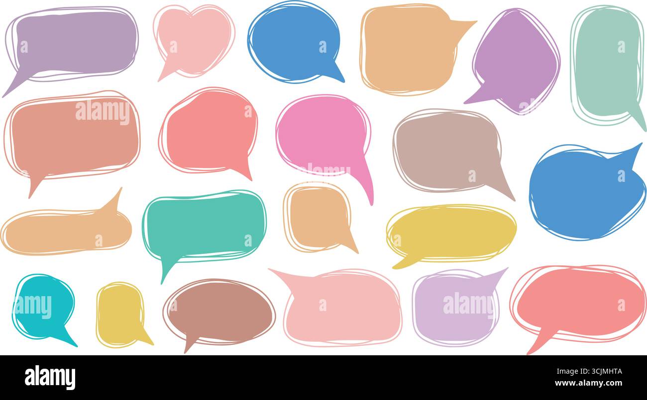 Set di scarabocchi disegnati a mano. Svuotare moduli diversi per il testo. Pacchetto di finestre di dialogo, segni colorati, elementi vettoriali Illustrazione Vettoriale