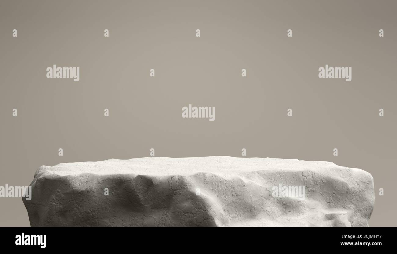 Podio vuoto in pietra o roccia, che offre uno sfondo naturale e minimalista beige e bianco per l'esposizione dei prodotti Foto Stock