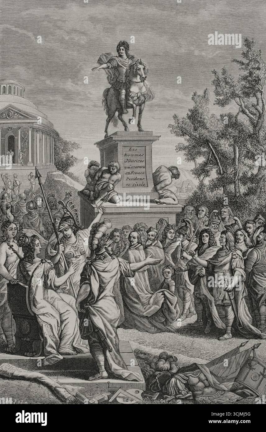 "Le Ciel en sa faueur forma tant de grands Hommes" (il cielo a suo favore formò così tanti grandi uomini). Incisione di Huyot dopo Gérard Edelinck (1640-1707). Illustrazione per il frontespizio dell'opera di Charles Perrault (1628-1703) "Les Hommes Illustres qui ont paru en France pendant ce siècle" (gli uomini illustri che apparvero in Francia durante questo secolo), pubblicata a Parigi, chez Antoine Dezallier, 1696. XVI siècle: lettres, Sciences et Arts, France 1590-1700 (XVII secolo: Lettere, scienze e arti), di Paul Lacroix. Pubblicato a Parigi da Librairie de Firmin-Didot et Cie, 1882. Foto Stock