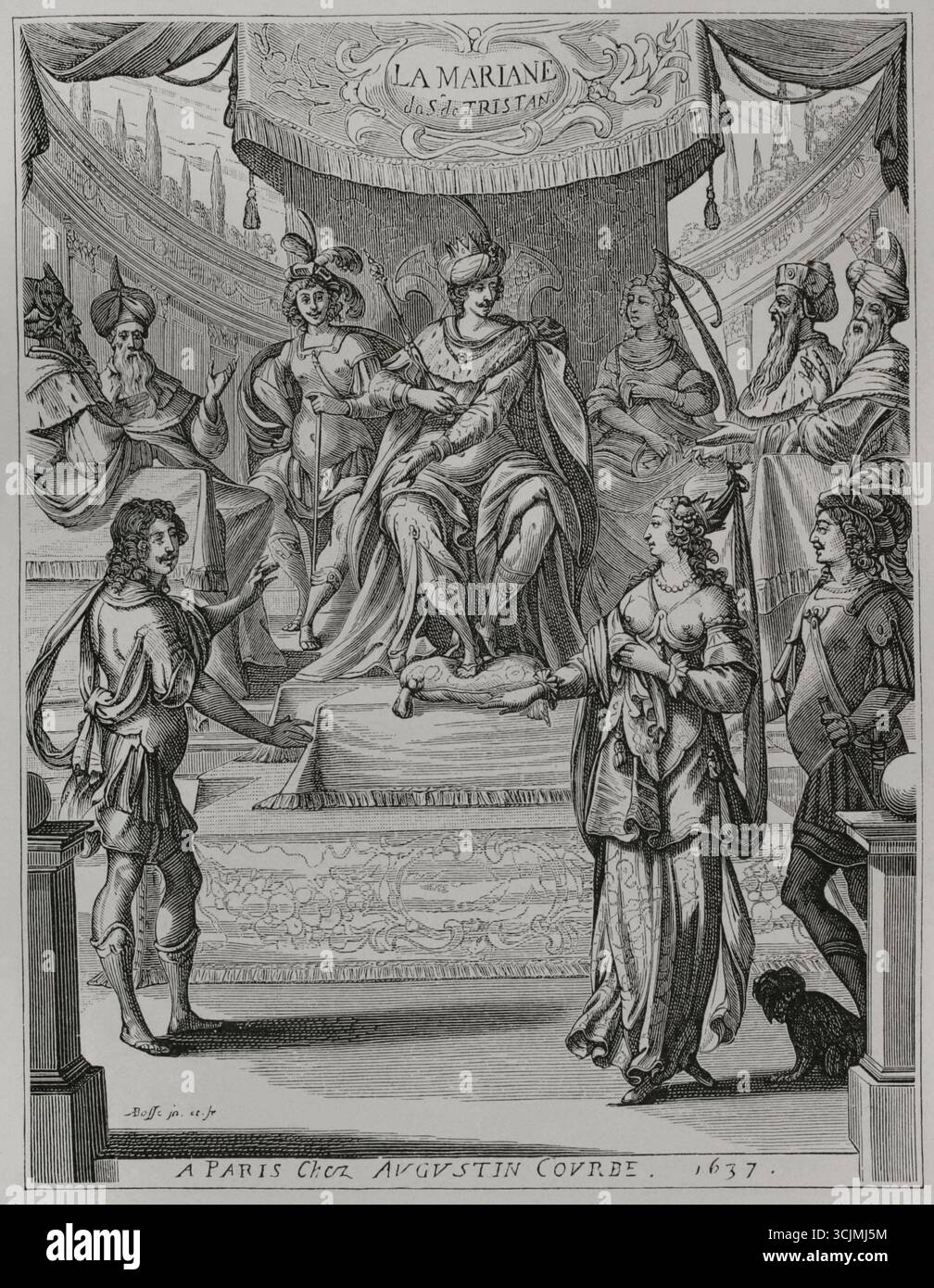 "La Mariane". Tragedia in versi in cinque atti composta dal drammaturgo francese Tristan l'Hermite (1601-1655). È stato presentato per la prima volta nella primavera del 1636 al Théâtre du Marais di Parigi ed è stato pubblicato il 15 febbraio 1637. Illustrazione del frontespizio del gioco. Mariana (Mariamne i) in piedi a destra davanti a Erode e alla sua corte al centro, accusata di aver avvelenato suo marito. Incisione di Abraham Bosse (c. 1604-1676). Parigi, chez Augustin Courbé, 1637. XVI siècle: lettres, Sciences et Arts, France 1590-1700 (XVII secolo: Lettere, scienze e arti), di Paul Lacroix. Pubblicato a Parigi da L Foto Stock