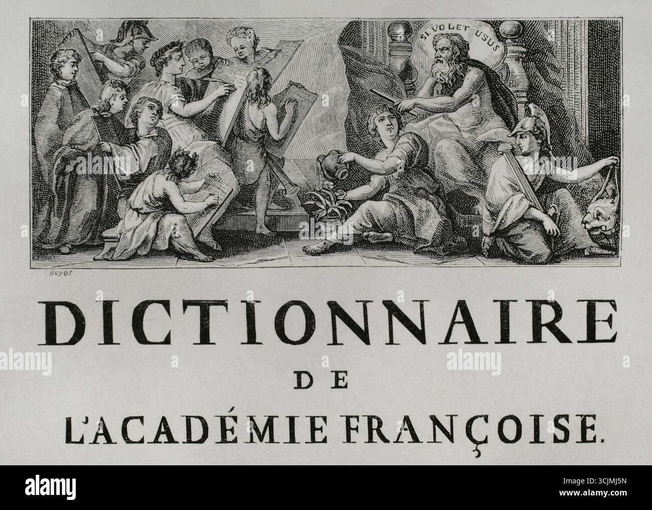 Particolare della prima pagina del Dictionnaire de l'Académie francase (Dizionario dell'Accademia francese), il primo dizionario ufficiale della lingua francese, completato dall'Accademia francese nel 1694. Fax. Incisione di Huyot dopo Jean Mariette (1660-1742). XVI siècle: lettres, Sciences et Arts, France 1590-1700 (XVII secolo: Lettere, scienze e arti), di Paul Lacroix. Pubblicato a Parigi da Librairie de Firmin-Didot et Cie, 1882. Foto Stock