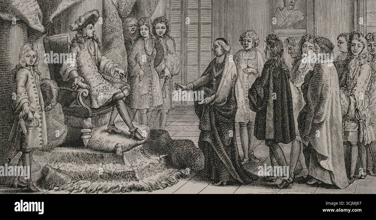 Membri dell'Académie Francase (Accademia francese) presentando a re Luigi XIV (1638-1715) la prima edizione completa del Dictionnaire de l'Académie francase (Dizionario dell'Accademia francese) il 24 agosto 1694. Fu il primo dizionario ufficiale della lingua francese. Incisione di Jean Mariette (1660-1742) dopo Jean-Baptiste Corneille (1649-1695). XVI siècle: lettres, Sciences et Arts, France 1590-1700 (XVII secolo: Lettere, scienze e arti), di Paul Lacroix. Pubblicato a Parigi da Librairie de Firmin-Didot et Cie, 1882. Foto Stock