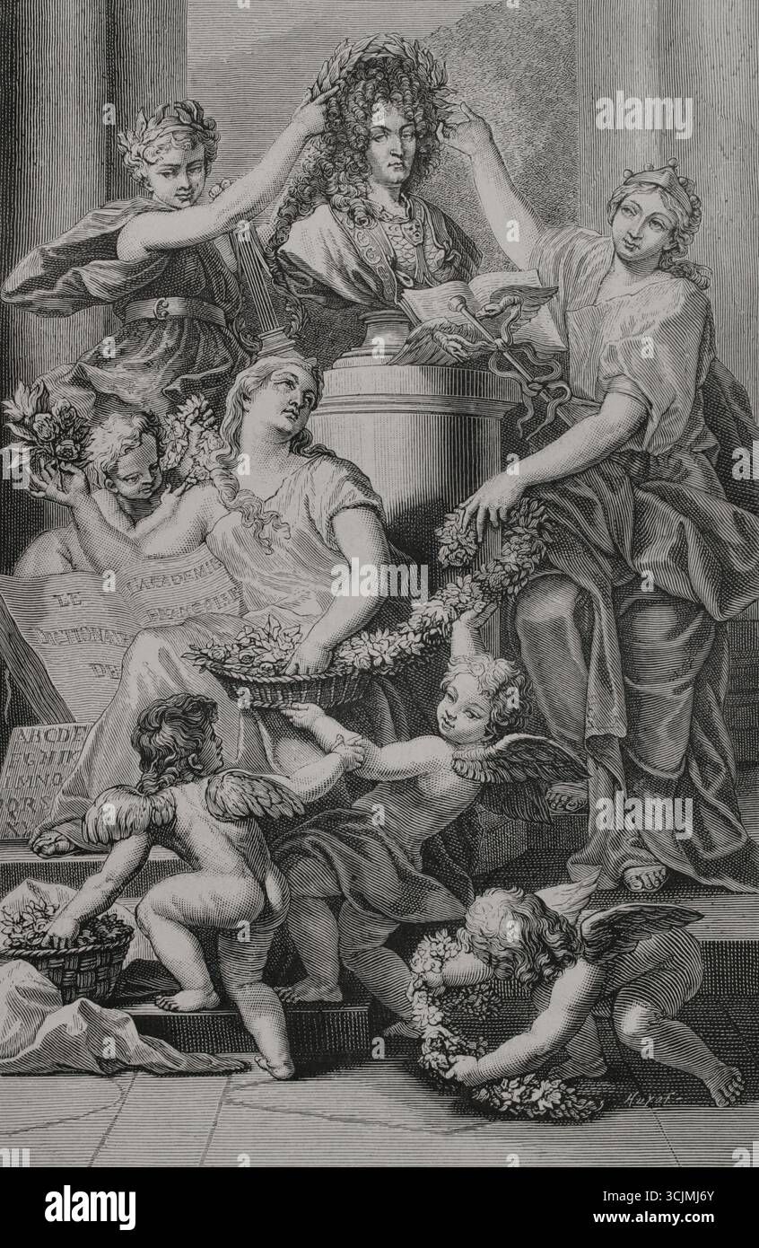 Illustrazione per il frontespizio del Dictionnaire de l'Académie francese, il primo dizionario ufficiale della lingua francese, completato dall'Accademia francese nel 1694. Re Luigi XIV (1638-1715) è incoronato con una ghirlanda mentre il "Dizionario dell'Accademia francese" è celebrato con fiori da tre donne aiutate da Genii. Incisione di Huyot su disegno di Jean-Baptiste Corneille (1649-1695), incisa da Jean Mariette (1660-1742) e Gérard Edelinck (1640-1707). XVI siècle: lettres, Sciences et Arts, France 1590-1700 (XVII secolo: Lettere, scie Foto Stock