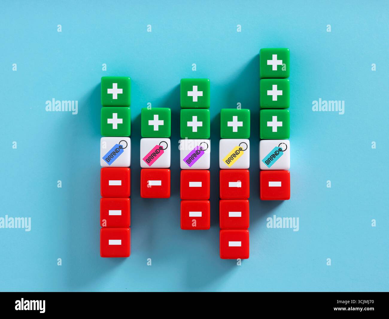 Cubi colorati con segni più e meno che formano un grafico a barre, che rappresenta la reputazione e la valutazione del marchio Foto Stock