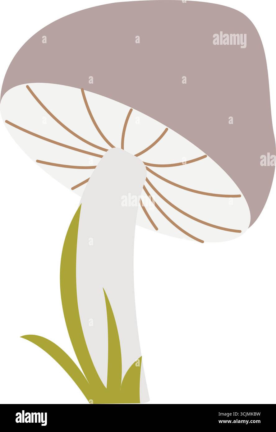 Illustrazione a forma di fungo singolo con clip in erba. Agaricus con cappuccio grigio, elemento forestale disegnato a mano. Grafica vettoriale Illustrazione Vettoriale
