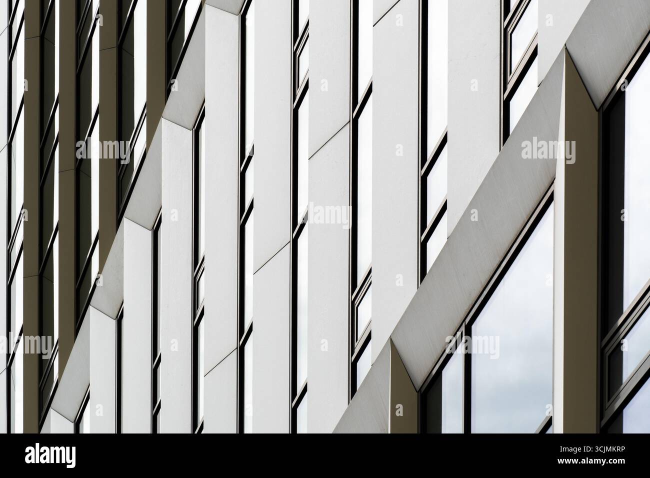 Facciata minimalista dell'ufficio con pannelli bianchi nitidi e strette finestre verticali che creano ritmo e astrazione geometrica. Foto Stock
