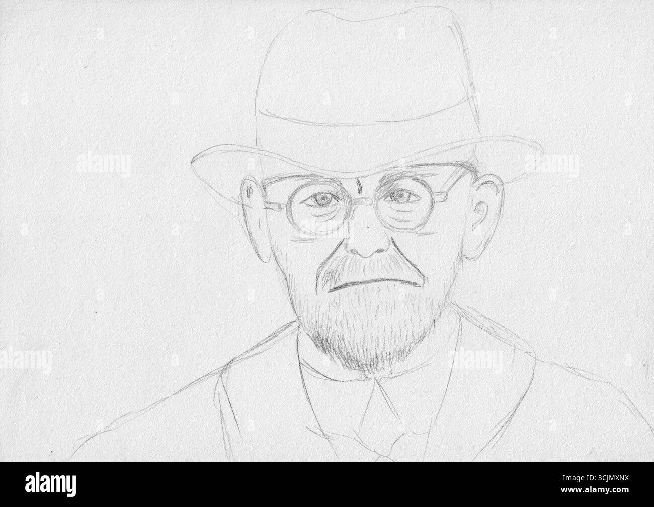 Ritratto a matita di Sigmund Freud, fondatore della psicoanalisi. Le linee minimali trasmettono profondità e introspezione, unendo arte e psicologia. Foto Stock