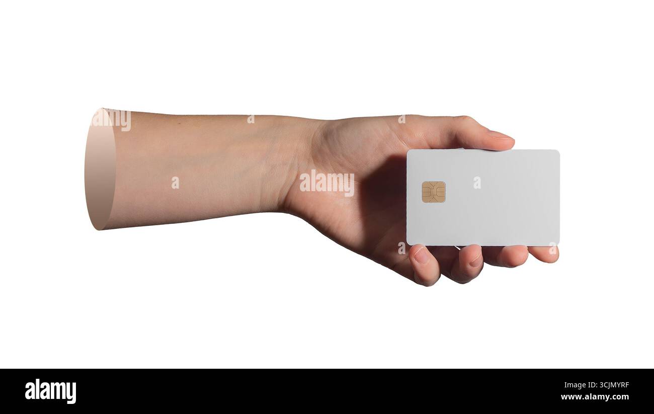 Presentare a mano con cura la smart card con microchip, isolata su fondo bianco semplice. Foto Stock