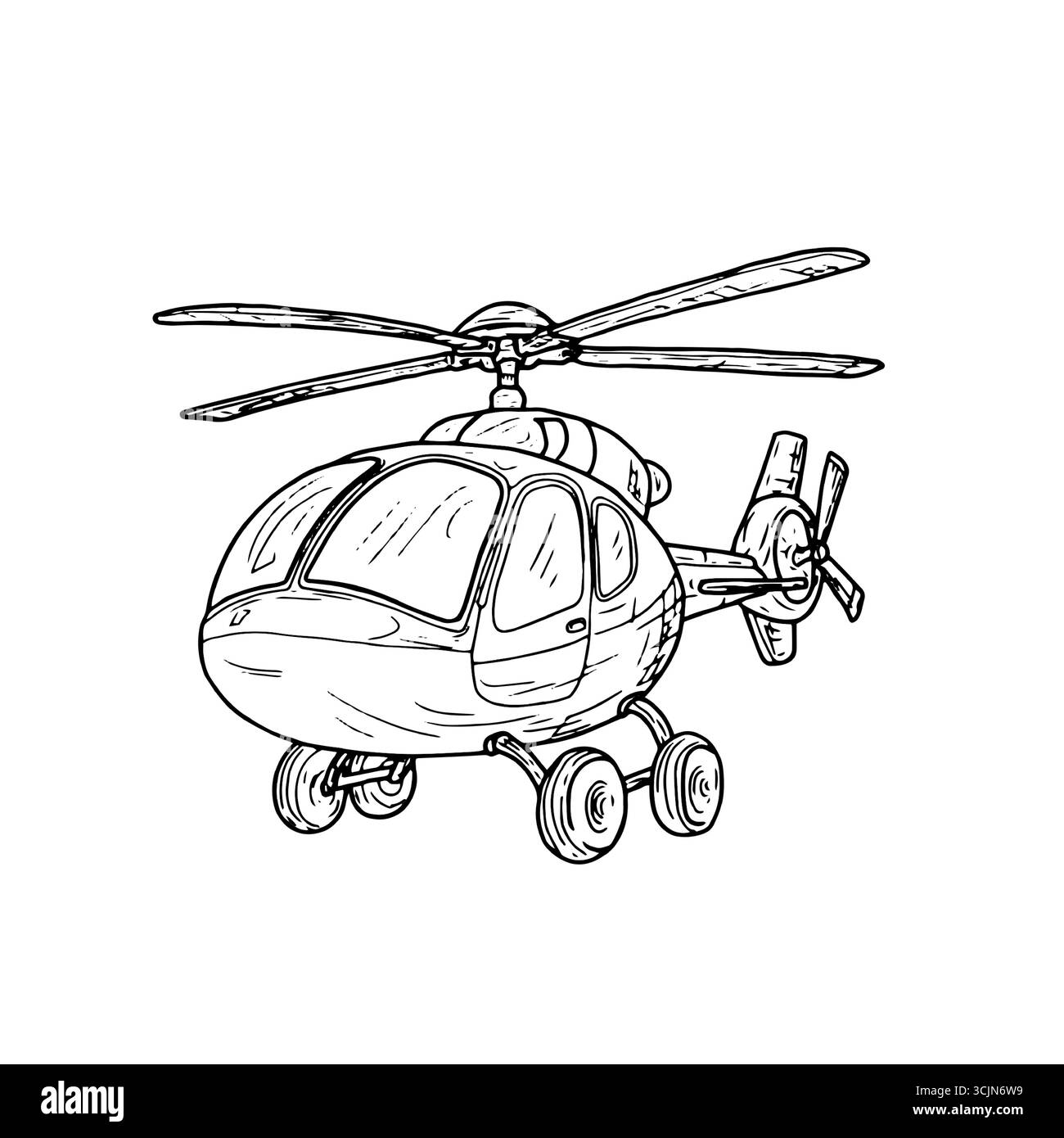 Divertente elicottero per bambini con un'elica, sketch in bianco e nero. Illustrazione vettoriale. Un giocattolo volante per bambini, isolato su uno sfondo bianco. CH Illustrazione Vettoriale