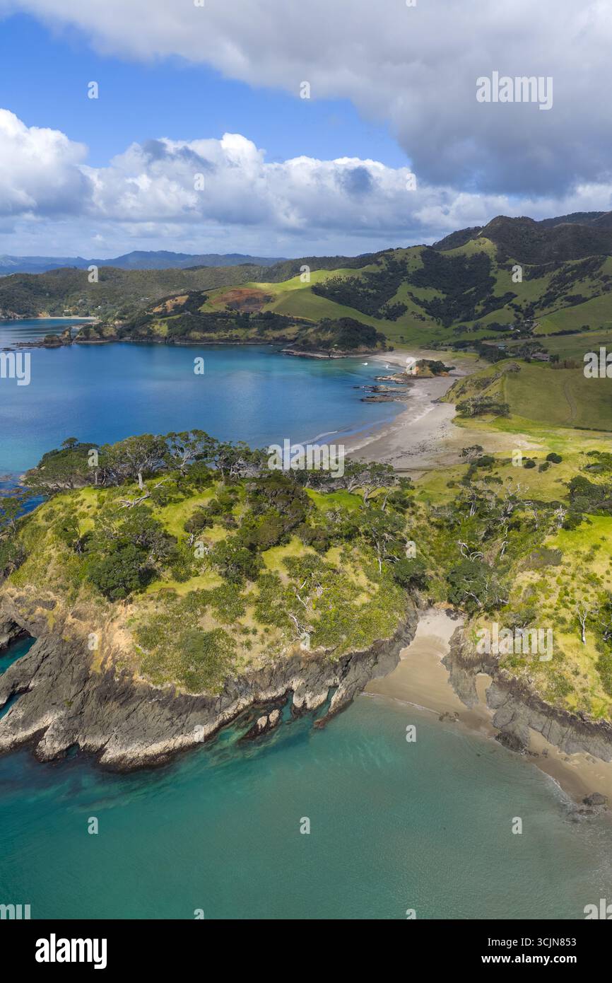 Vista aerea della costa, dove le lussureggianti colline verdi incontrano le acque turchesi, Elliots Bay, Northland Region, nuova Zelanda. Foto Stock