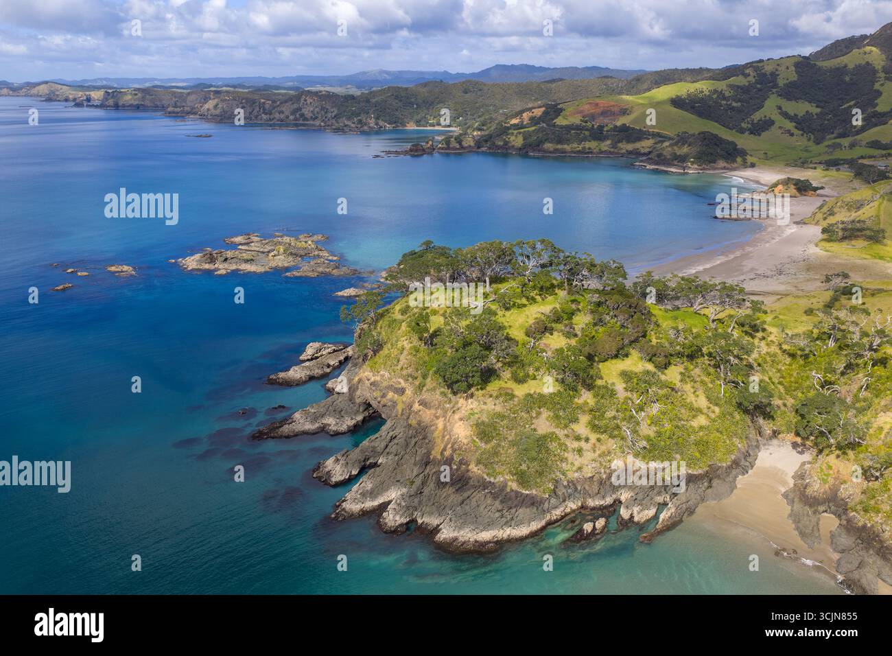 Vista aerea della costa frastagliata che incontra il mare turchese di Elliots Bay, regione del Northland, nuova Zelanda. Foto Stock