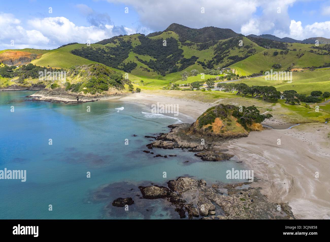 Vista aerea della tranquilla spiaggia che incontra le lussureggianti colline, dove il mare turchese bacia la spiaggia sabbiosa, Elliots Bay, Northland Region, nuova Zelanda. Foto Stock