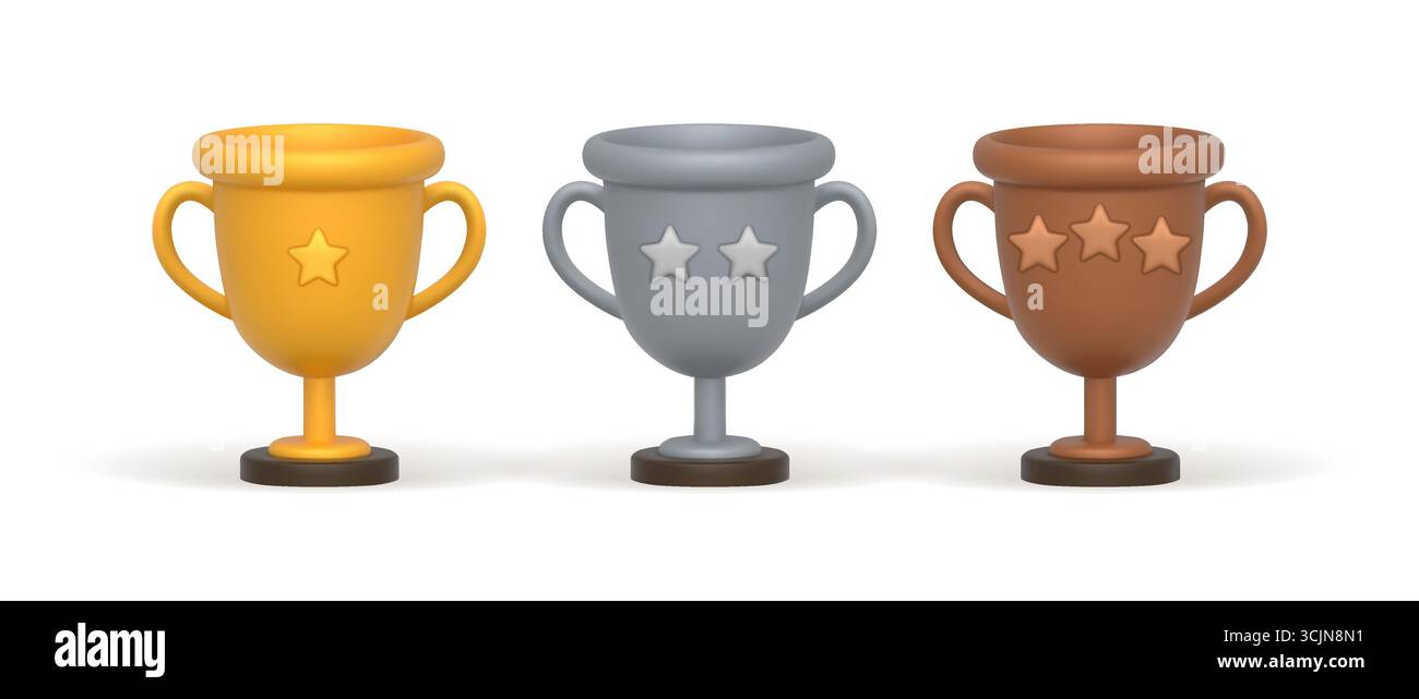 Coppe trofei 3D nei colori oro, argento e bronzo Illustrazione Vettoriale