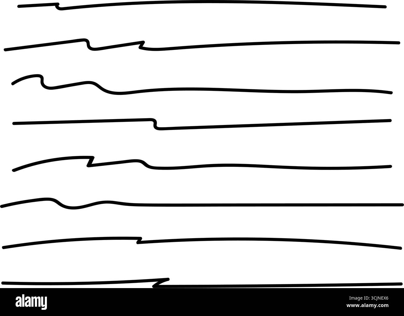 I tratti di pennello disegnati a mano sottolineano il set. Disegna linee di tracciatura vettoriali, bordi a matita, divisori Illustrazione Vettoriale