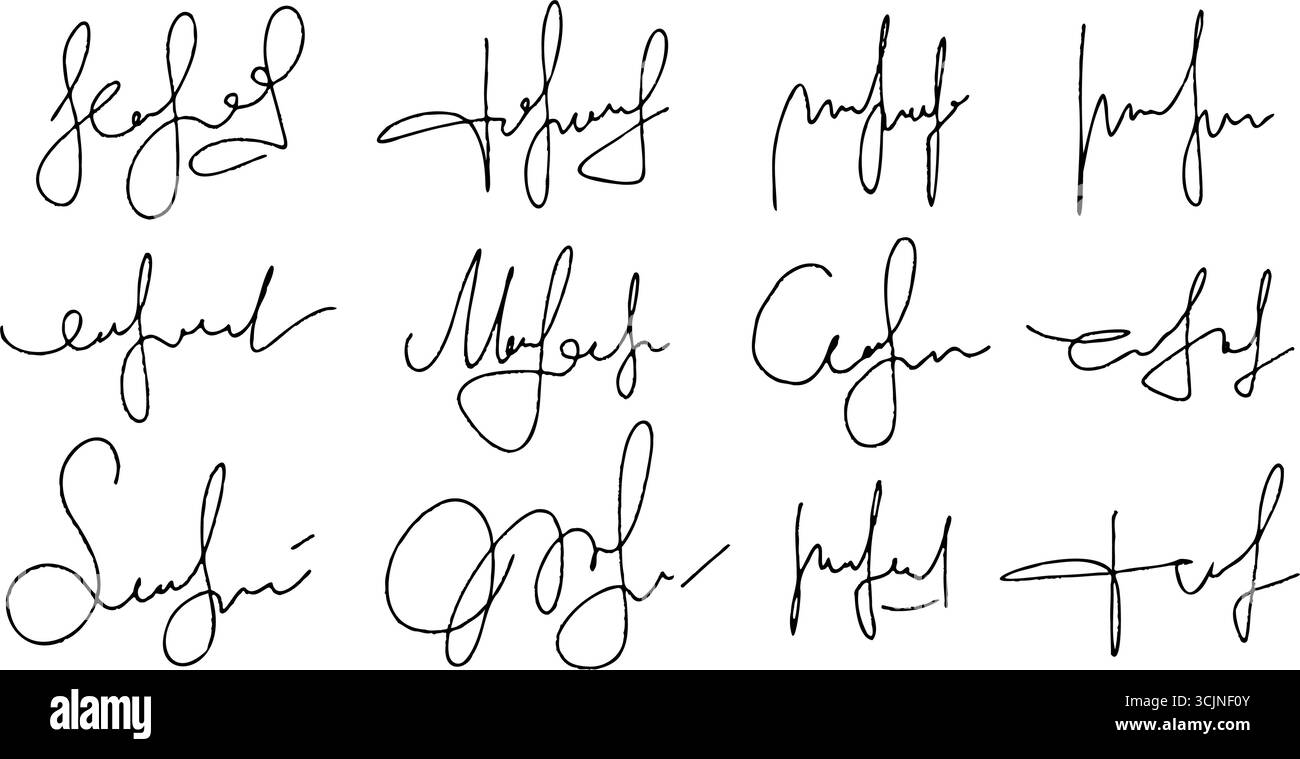 Set di firme disegnate a mano. Autografi manuali per documenti aziendali. Scarabocchiare di uno schizzo a calligrafia vettoriale Illustrazione Vettoriale