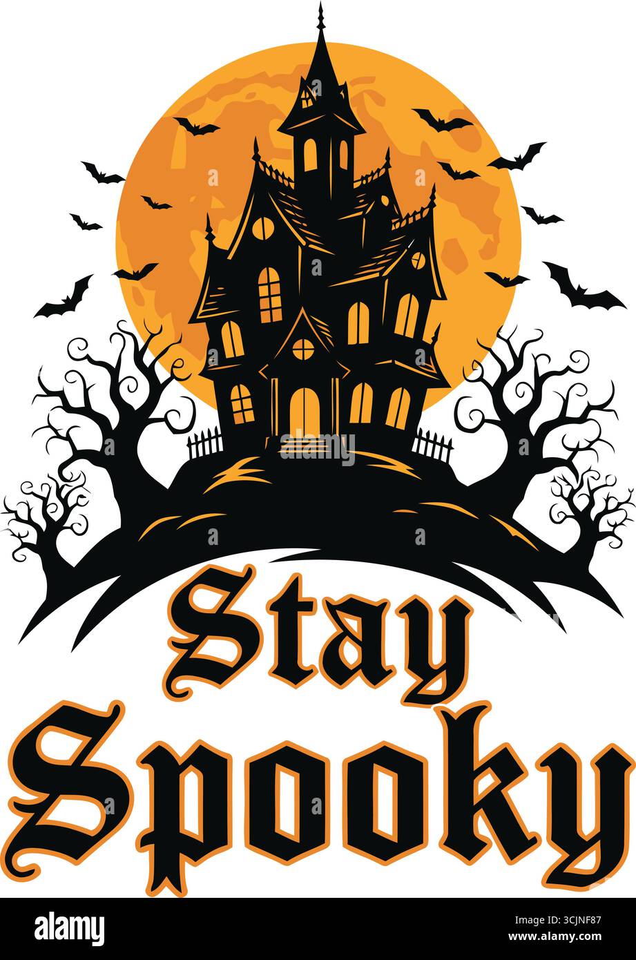 T-Shirt Sty Spooky Haunted House | Tee Halloween Gotico d'epoca con Full Moon, pipistrelli, inquietante silhouette del castello . Illustrazione Vettoriale