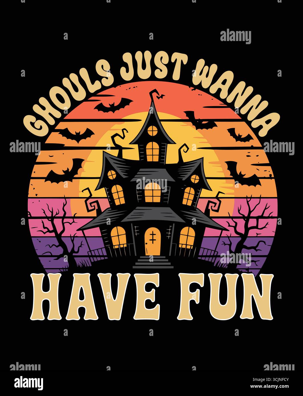 T-Shirt Sty Spooky Haunted House | Tee Halloween Gotico d'epoca con Full Moon, pipistrelli, inquietante silhouette del castello . Illustrazione Vettoriale