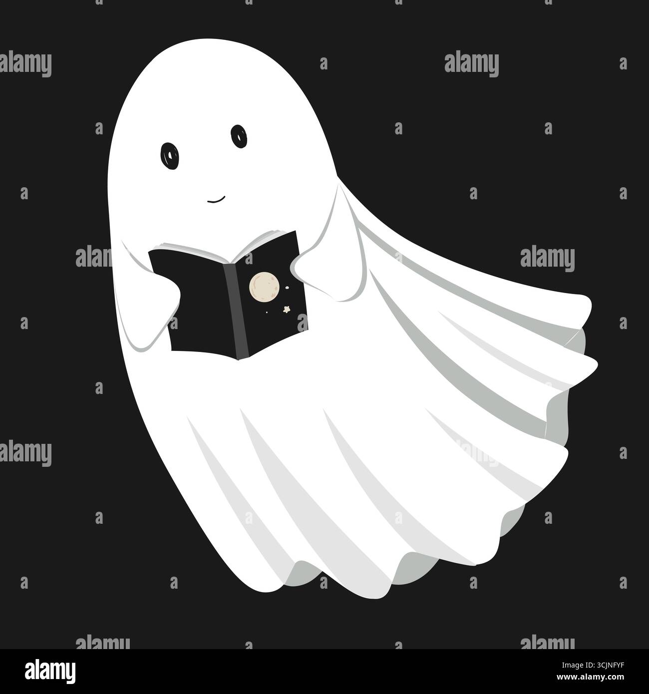 Carino libro di lettura fantasma in movimento. Spirito fantasma impegnato che vola con Novel. Illustrazione vettoriale isolata del personaggio di Halloween Illustrazione Vettoriale