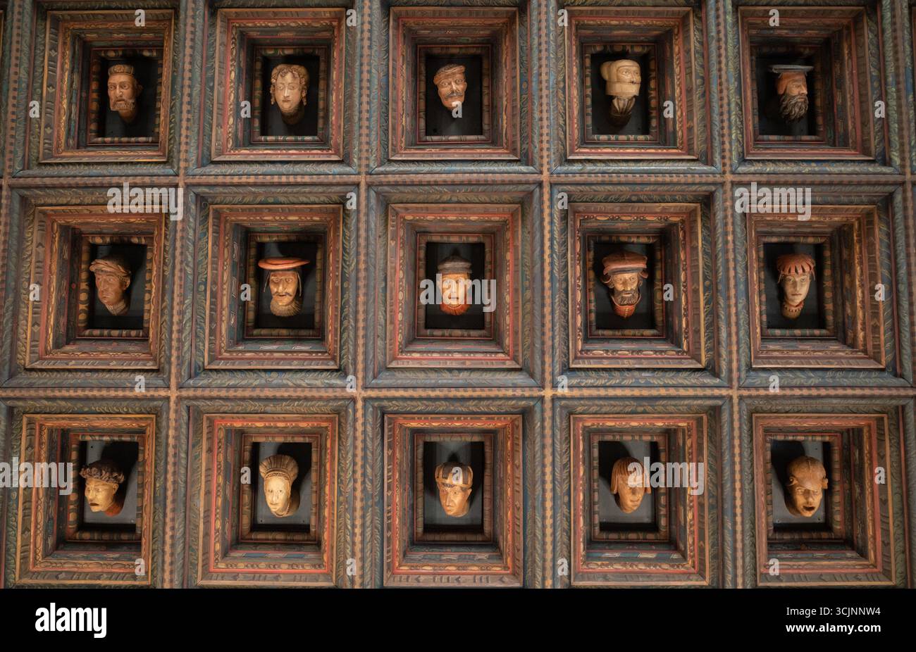 Teste in legno che decorano il soffitto della sala degli inviati del Castello reale di Wawel. Kraków, Polonia. Foto Stock