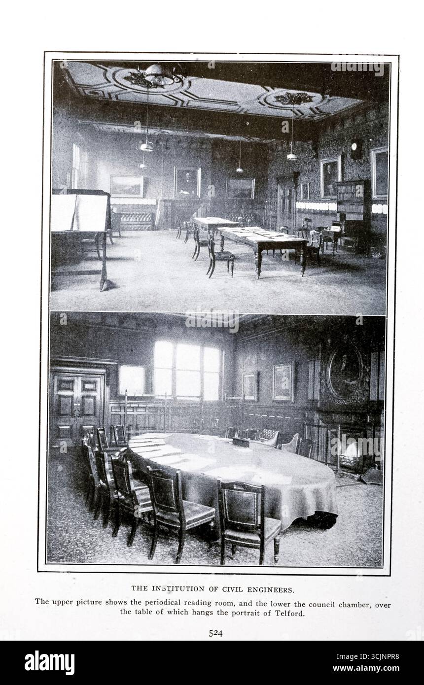 L'ISTITUZIONE DEGLI INGEGNERI CIVILI. Great George Street, Westminster, l'immagine in alto mostra la sala periodica di readirag, e la parte inferiore della camera del consiglio, sopra il tavolo del quale è appeso il ritratto di Telford. Dall'articolo LE CASE DELLE GRANDI SOCIETÀ INGEGNERISTICHE. Di Henry Harrison Suplee. Dalla rivista Engineering dedicata al progresso industriale volume XXVI ottobre 1903 - marzo 1904 The Engineering Magazine Co Foto Stock