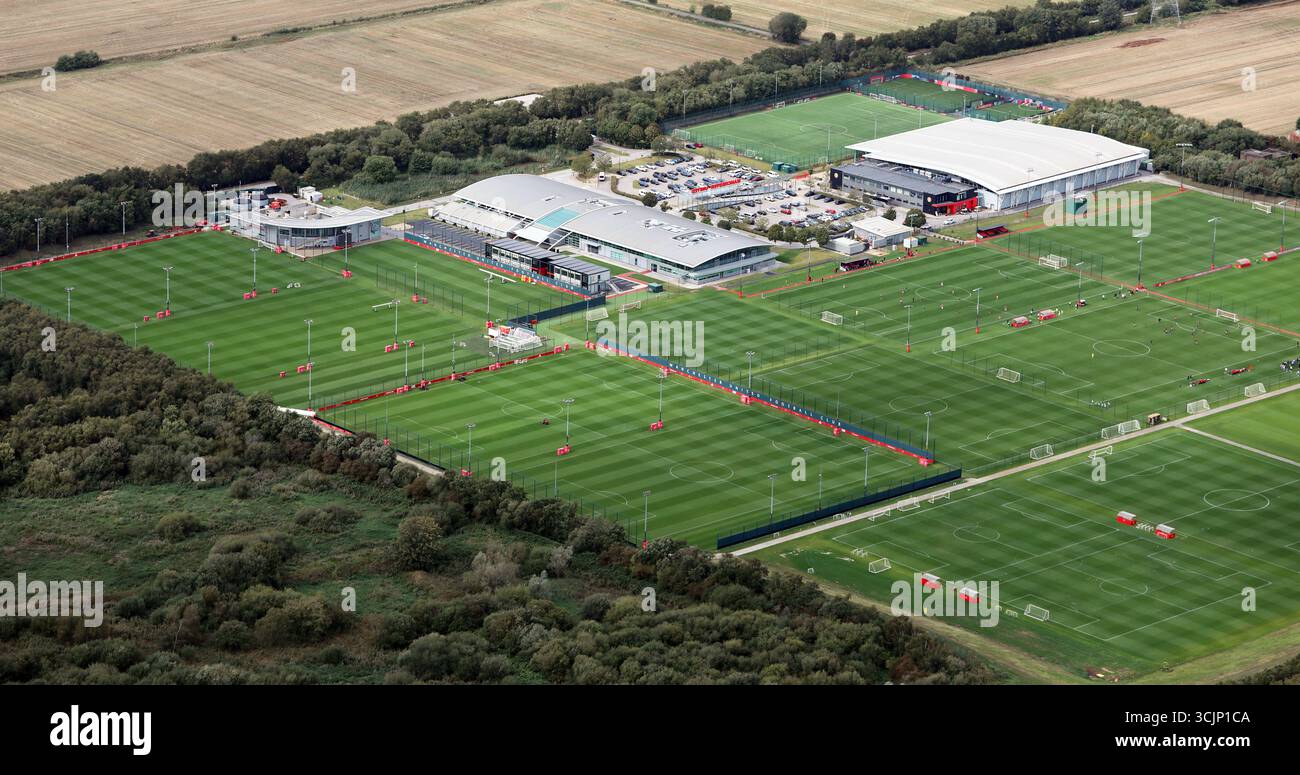 Vista aerea del centro di allenamento Carrington del Manchester United sul lato ovest di Manchester Foto Stock