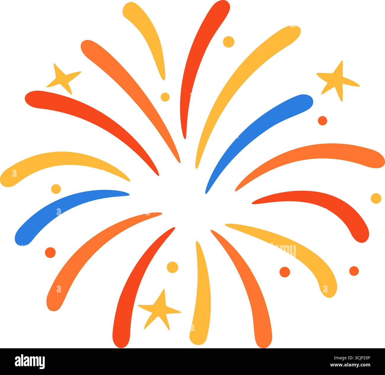 I fuochi d'artificio curvi rossi gialli e blu esplodono con stelle in stile cartoni animati. Isolato su sfondo trasparente. Illustrazione vettoriale in formato piatto. Illustrazione Vettoriale