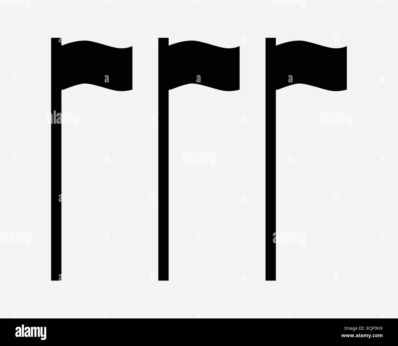 Icona triple Flag Poles. Tre bandiere pennant su palo che ondeggiano come marcatore sportivo o insegna country. Simbolo a forma d'onda del banner bianco nero silhouette Illustrazione Vettoriale