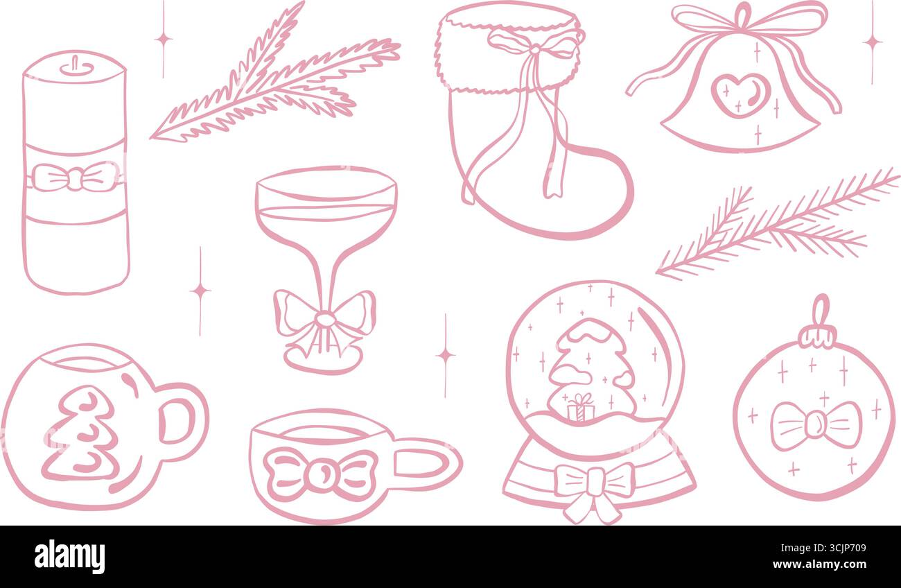 Set natalizio Coquette core. Elementi isolati rosa disegnati a mano per design 2026. Stravagante collezione. Illustrazione Vettoriale