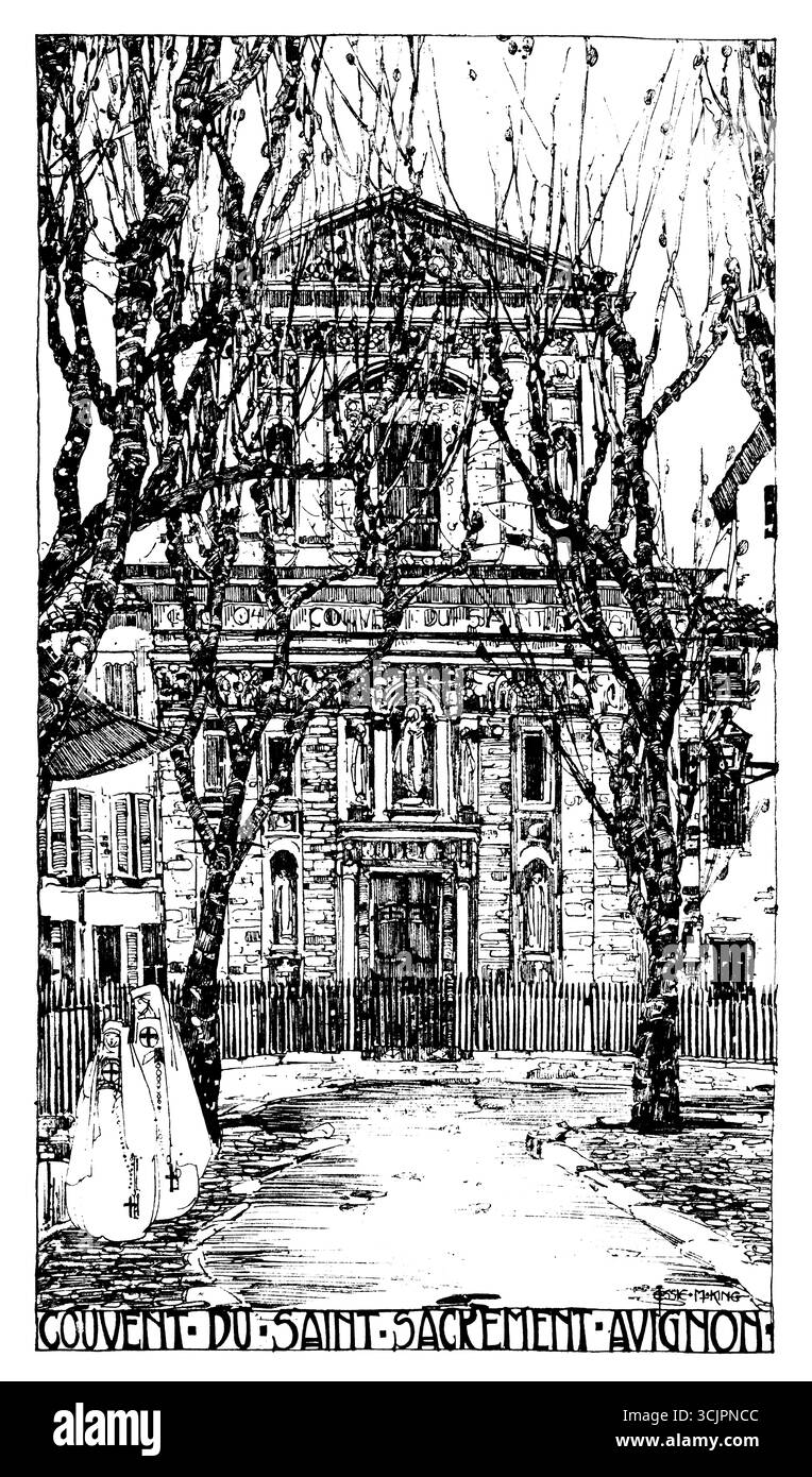 Couvent du Saint Sacrement, Avignone, Francia, illustrazione in linea disegnata da Jessie Marion King Foto Stock