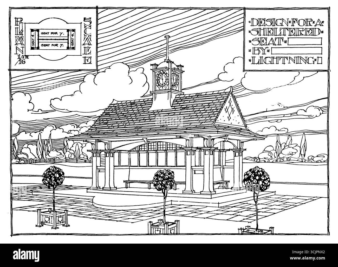 Architettura edoardiana, design per sedile riparato, illustrazione di linea dell'architetto F Anstead Browne di Ipswich Foto Stock