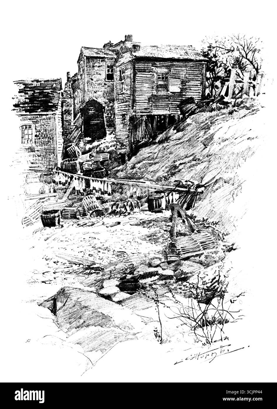 Lobstermen's shanties, Massachusetts, circa 1905, riproduzione mezzitoni del disegno a matita di Lester G Hornby Foto Stock